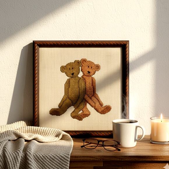 Vintage Other - Vintage Framed Teddy Bear Cross Stitch – Handmade Needlepoint Art, Brown & Tan